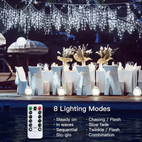 Ollny's 396 led 32ft cool white icicle lights can switch 8 lighting modes by remote control