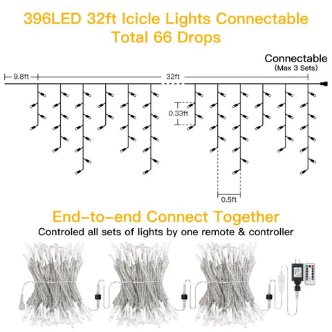 Ollny's 396 leds 32ft cool white icicle lights length dimensions and instructions on how to connect it