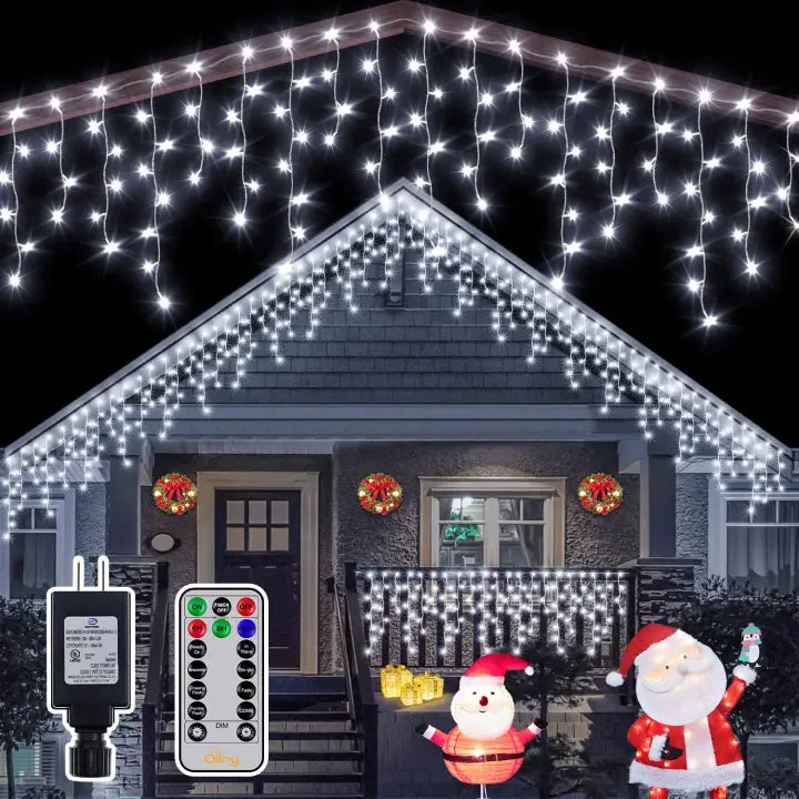 Cool White Icicle Lights Outdoor | 504 LED 41ft Connectable | Ollny