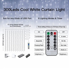 Ollny's 300 leds cool white curtain lights suit for any kinds of USB port and feature 8 lighting modes & timer.