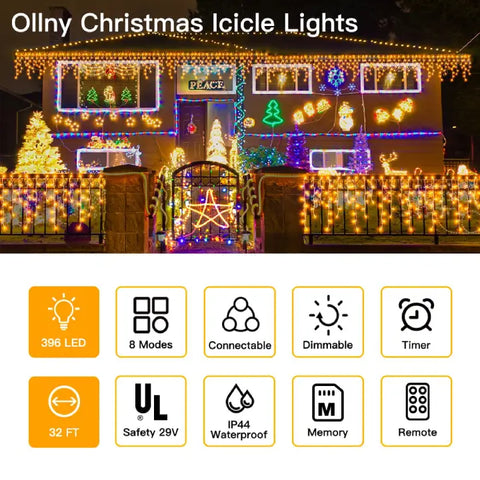 Ollny's 396 leds 32ft warm white icicle lights features list