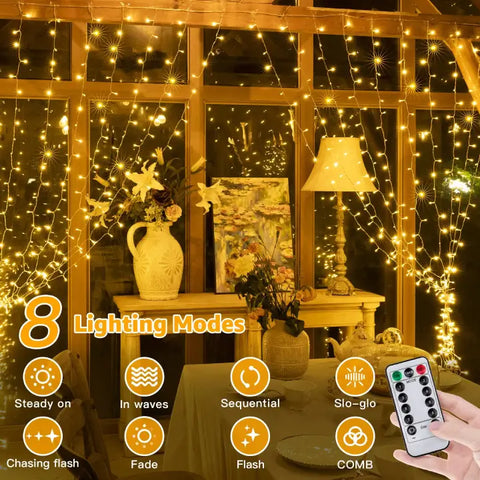 Ollny's 200 leds warm white curtian lights come with 8 lighting modes
