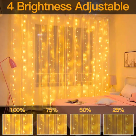 Ollny's 300 leds warm white curtain lights with 4 adjustable levels of brightness