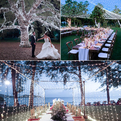 Wedding scenes decorated by 262ft cool white wedding fairy lights