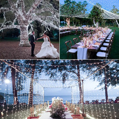Wedding scenes decorated by 132ft cool white wedding fairy lights