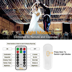 Use remote control and controller to switch 8 Lighting modes of 132ft cool white wedding fairy lights