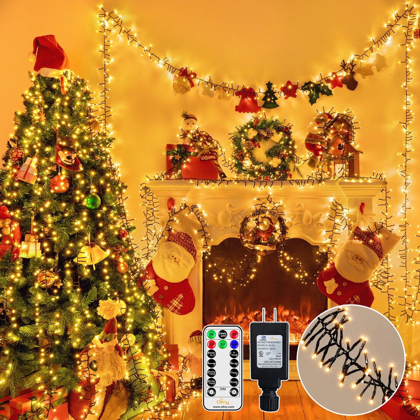 
                  
                    Ollny 20ft 400 LED Cluster Lights Christmas, 8 Lighting Modes with Remote Control Waterproof Indoor Outdoor Xmas Cluster Lights for Decorations
                  
                