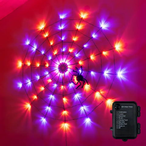 Ollny Orange and Purple Halloween Spider Web Lights 6.6FT 126 LED (Black Cable, Battery Operated, 8 Modes, with Spider)