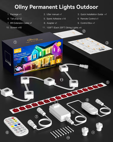 Ollny Smart Permanent Outdoor Lights 100FT 60LED(APP Control, RGB 16M Colors, Sync with Music)