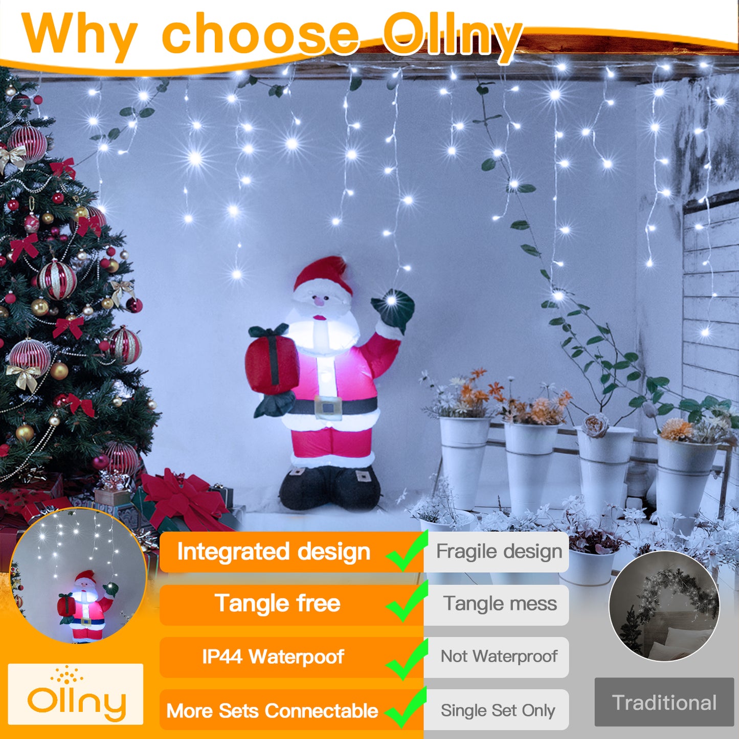 
                  
                    Ollny 24ft 216 LED Icicle Lights for Outside, 8 Lighting Modes 3 Timing Waterproof Icicle Christmas Lights Indoor Outdoor Decorations, White
                  
                
