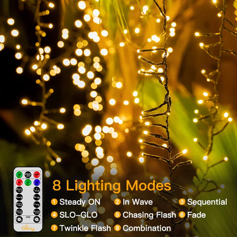 Ollny 750 LED 9-in-1 Warm White Cluster Lights (Green Cable, Plug in, 8 Modes, IP44 Waterproof)