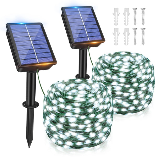 Ollny 300 LED 99ft Cool White Solar String Lights (2 Packs, Solar Power, 8 Modes, IP67 Waterproof)