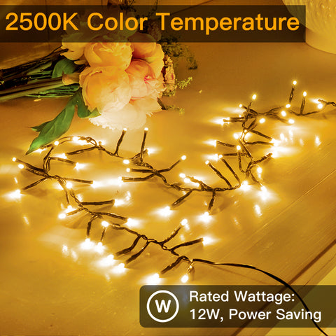 Ollny 750 LED 9-in-1 Warm White Cluster Lights (Green Cable, Plug in, 8 Modes, IP44 Waterproof)