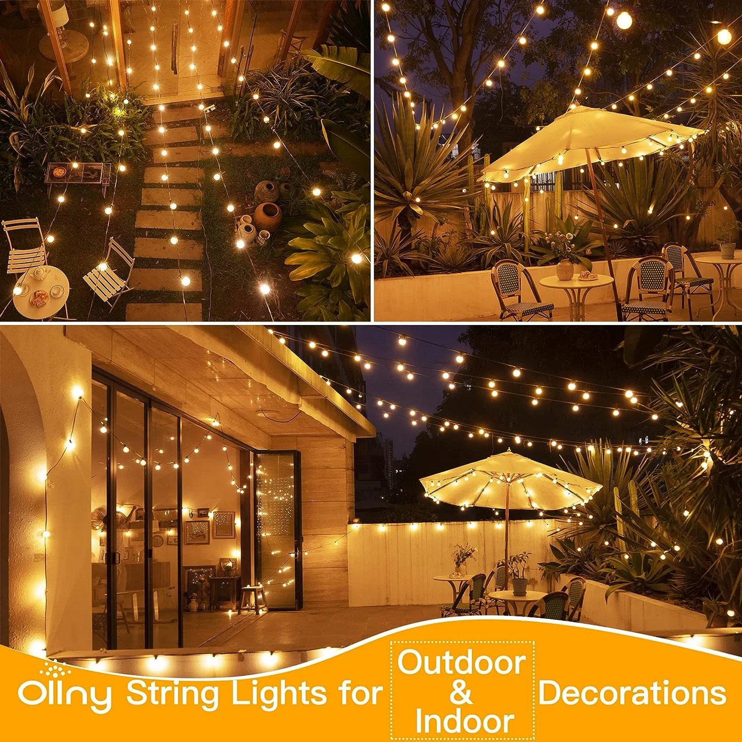 
                  
                    Ollny 50/100/150FT Outdoor String Lights, Waterproof Shatterproof Patio Lights Connectable with 27/53/79 Edison LED Bulbs Plug in for Porch,Garden,Bistro,Backyard,Camping
                  
                