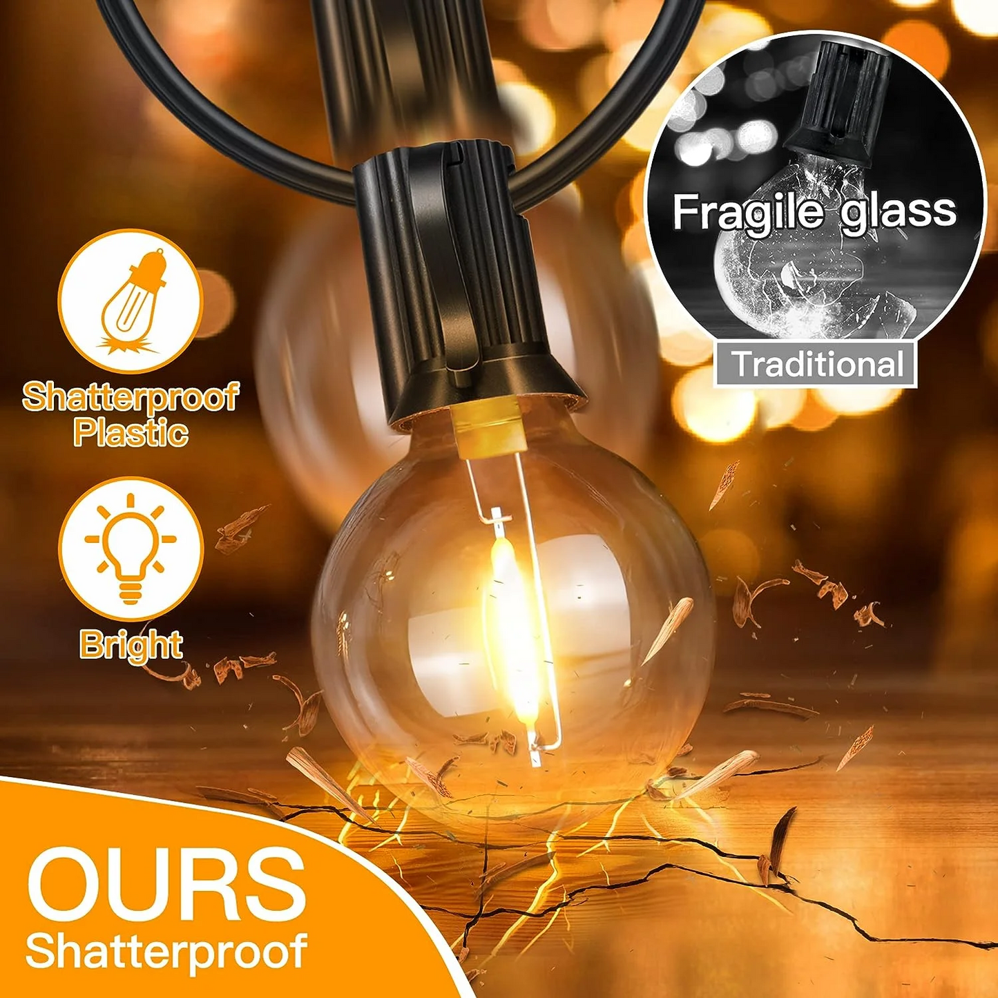 
                  
                    Ollny 50/100/150FT Outdoor String Lights, Waterproof Shatterproof Patio Lights Connectable with 27/53/79 Edison LED Bulbs Plug in for Porch,Garden,Bistro,Backyard,Camping
                  
                