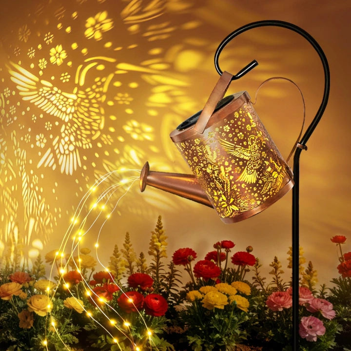 Ollny Hummingbird Solar Watering Can with Cascading Lights for Outdoor, Yard, Patio, Lawn(Warm White, IP65 Waterproof, 2 Modes)