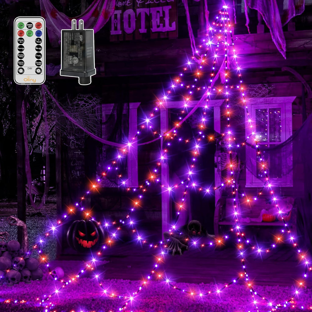 Ollny 454 LED 17.4ft Halloween Spider Web Lights (Purple & Orange, Green Cable, 8 Modes, IP67)