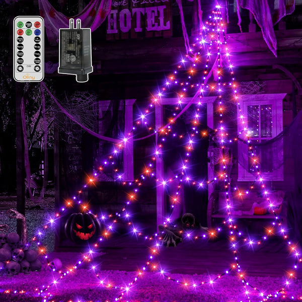 Ollny 454 LED 17.4ft Halloween Spider Web Lights (Purple & Orange, Green Cable, 8 Modes, IP67)