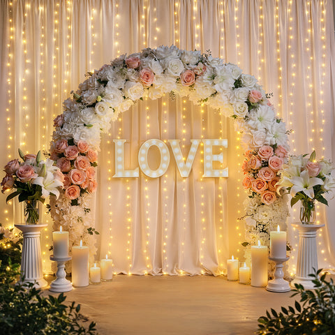 Ollny 300 LED Wedding Curtain Lights for Events, Proposals, Anniversaries (9.8ft*9.8ft, Warm White, Clear Cable, Connectable, IP67 Waterproof)