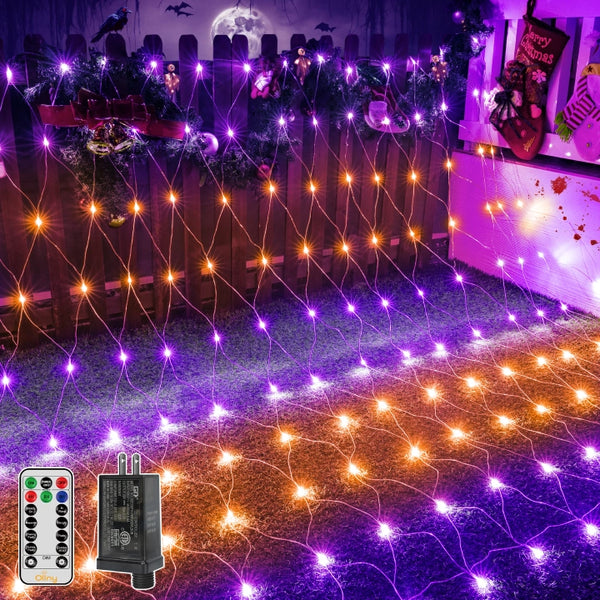 Ollny 200 LED 9.8ft*6.6ft Purple&Orange Halloween Net Lights (Clear wire, IP67 Waterproof, 8 Modes)
