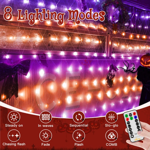 Ollny 200 LED 9.8ft*6.6ft Purple&Orange Halloween Net Lights (Clear wire, IP67 Waterproof, 8 Modes)