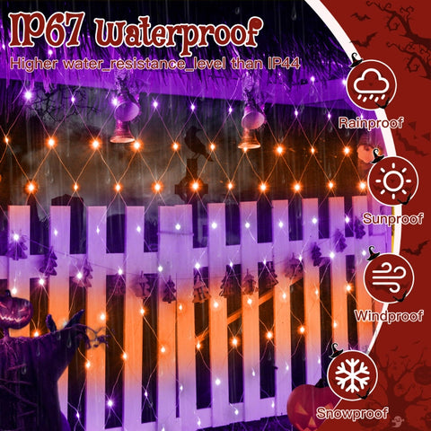 Ollny 200 LED 9.8ft*6.6ft Purple&Orange Halloween Net Lights (Clear wire, IP67 Waterproof, 8 Modes)