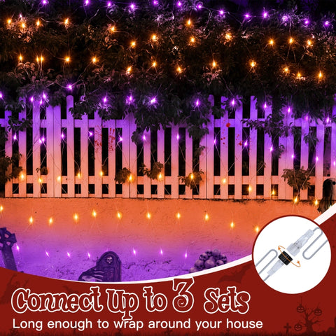 Ollny 200 LED 9.8ft*6.6ft Purple&Orange Halloween Net Lights (Clear wire, IP67 Waterproof, 8 Modes)