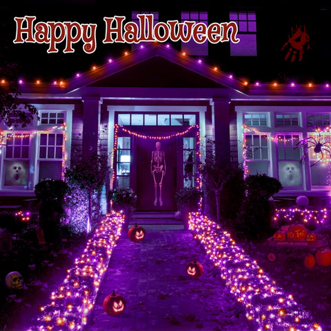 Ollny 200 LED 9.8ft*6.6ft Purple&Orange Halloween Net Lights (Clear wire, IP67 Waterproof, 8 Modes)