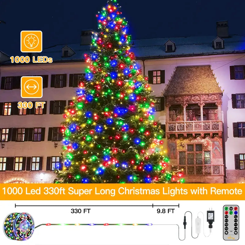 Christmas Lights Outdoor-1000LED 330FT IP67 Waterproof Plug in Christmas  Tree Lights with Remote-8 Modes Memory Function and Timer House Xmas Indoor  Decorations String Lights (Multicolored) 