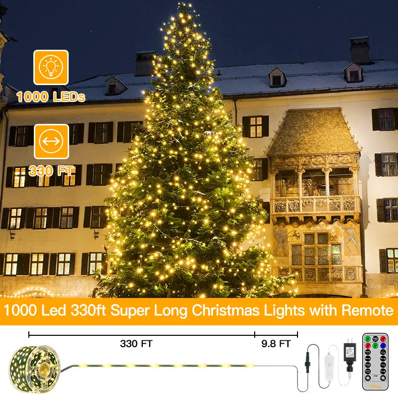 Ollny Christmas Lights Outdoor-1000LED 330ft IP67 Waterproof Plug in Christmas Tree Lights with Remote-8 Modes, Memory Function and T