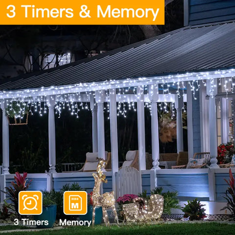 Ollny's 720 leds cool white icicle lights with 3 timers and memory function