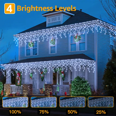 Ollny's 720 leds cool white icicle lights with 4 brightness levels