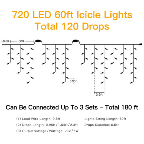 Ollny's 720 leds warm white icicle lights can be connect up 3 sets