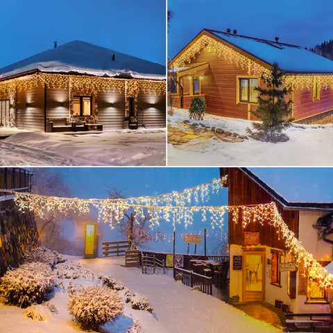 Ollny's 720 leds warm white icicle lights for outdoor use to creat holiday atmosphere
