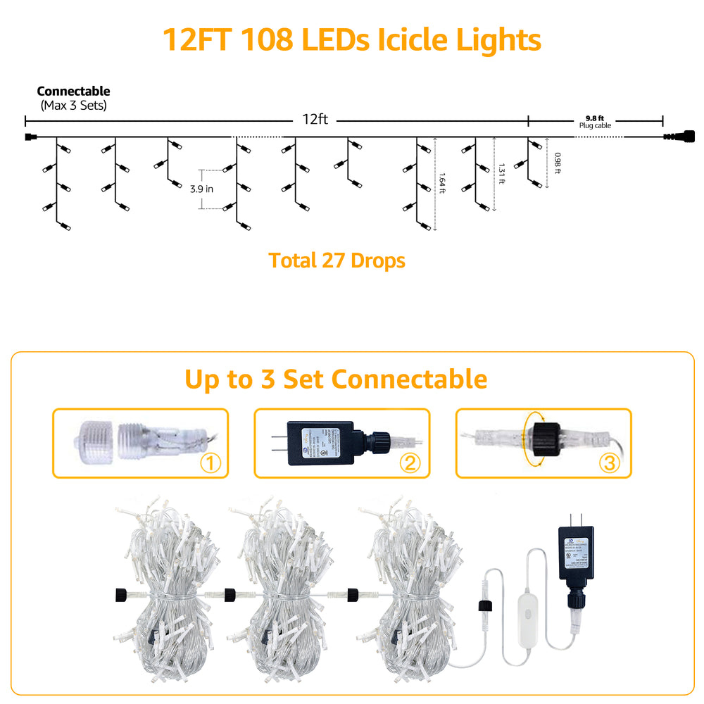 
                  
                    Ollny 12ft 108 LED Icicle Lights for Outside, 8 Lighting Modes 3 Timing Waterproof Icicle Christmas Lights Indoor Outdoor Decorations, Warm-white
                  
                