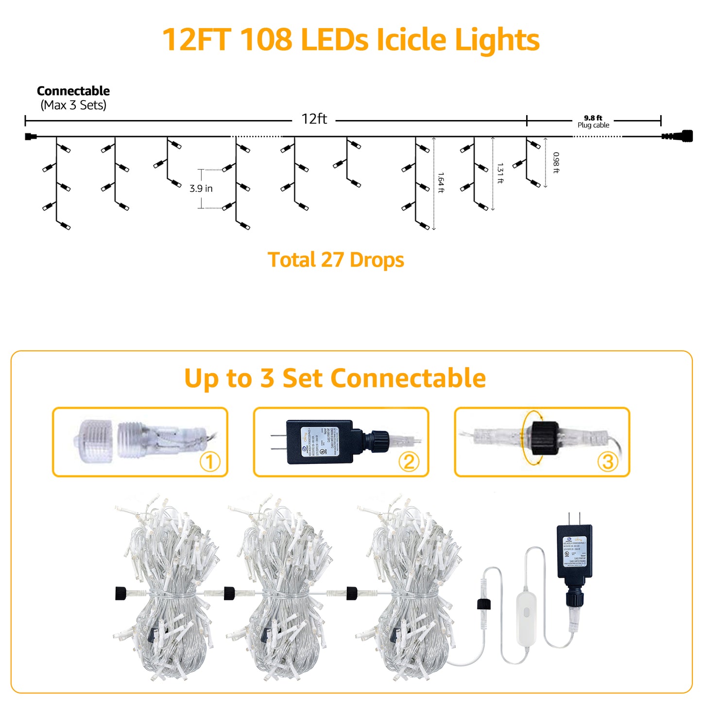 
                  
                    Ollny 12ft 108 LED Icicle Lights for Outside, 8 Lighting Modes 3 Timing Waterproof Icicle Christmas Lights Indoor Outdoor Decorations, Warm-white
                  
                