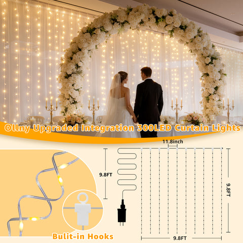 Ollny 300 LED Wedding Curtain Lights for Events, Proposals, Anniversaries (9.8ft*9.8ft, Warm White, Clear Cable, Connectable, IP67 Waterproof)