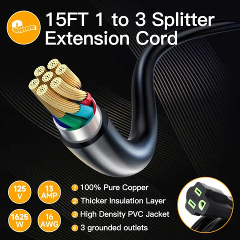 15FT Extension Cord Splitter with Multiple Outlets for Christmas Lights, Indoor, Outdoor