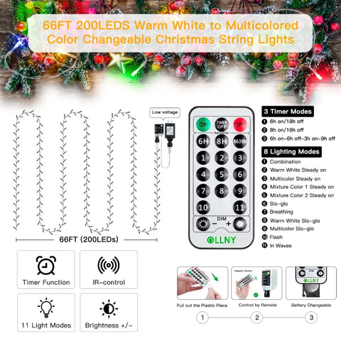 Dimensions and remote control instructions for Ollny's 200 led warm white and multicolor Christmas lights
