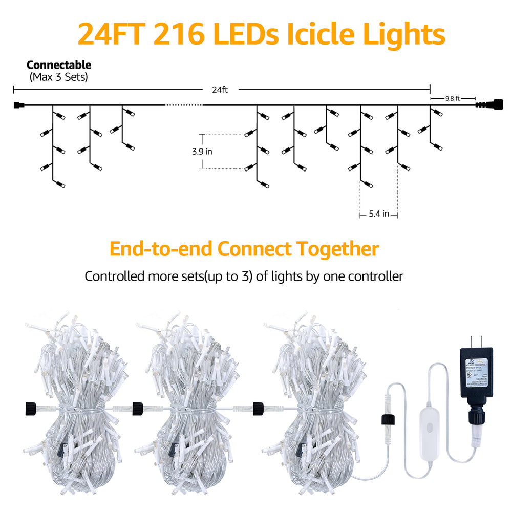 
                  
                    Ollny 24ft 216 LED Icicle Lights for Outside, 8 Lighting Modes 3 Timing Waterproof Icicle Christmas Lights Indoor Outdoor Decorations, White
                  
                