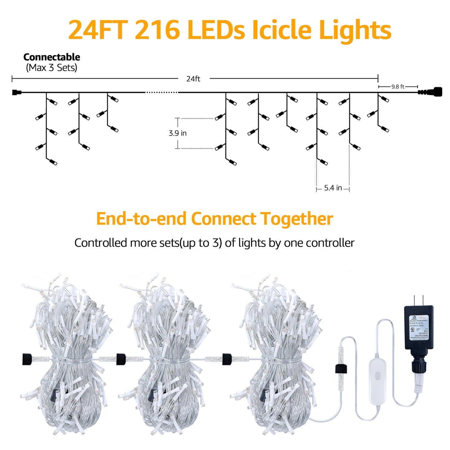 
                  
                    Ollny 24ft 216 LED Icicle Lights for Outside, 8 Lighting Modes 3 Timing Waterproof Icicle Christmas Lights Indoor Outdoor Decorations, White
                  
                