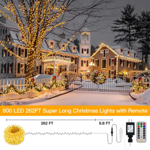800 LED 262ft Warm White Christmas String Lights (Clear Cable, Plug in, 8 Modes, IP44 Waterproof)