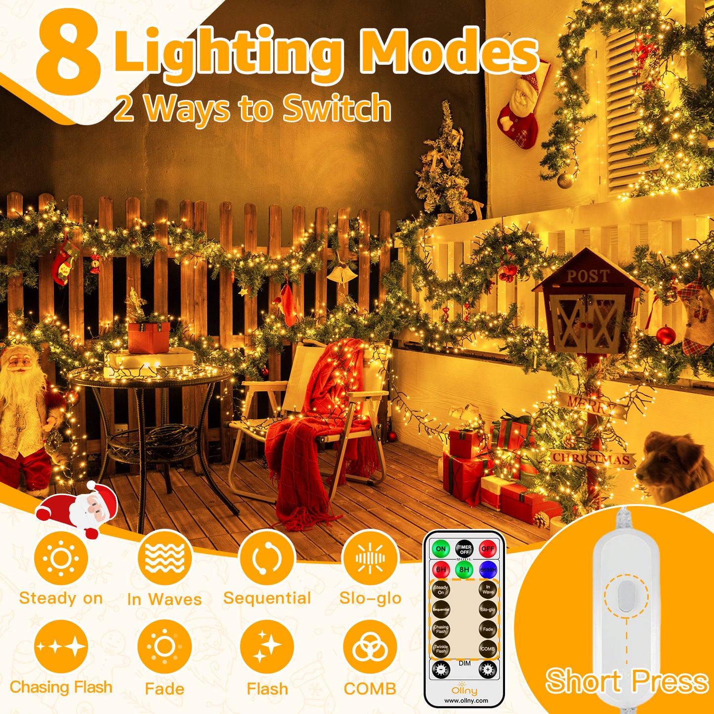 
                  
                    Ollny 20ft 400 LED Cluster Lights Christmas, 8 Lighting Modes with Remote Control Waterproof Indoor Outdoor Xmas Cluster Lights for Decorations
                  
                
