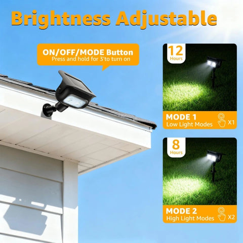 Solar spot light showing two adjustable brightness levels for different outdoor needs