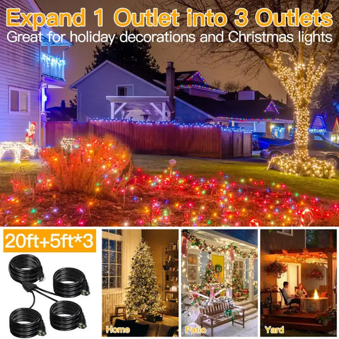 25FT Extension Cord Splitter with Multiple Outlets for Christmas Lights, Indoor, Outdoor