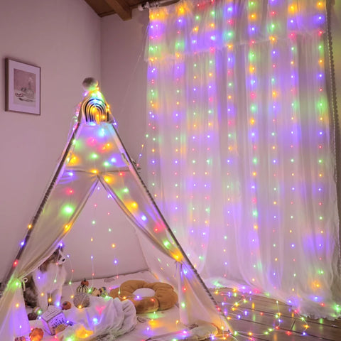 Ollny 300 LED 9.8ft*9.8ft Multicolor Curtain Lights (Clear Cable, 8 Modes, Connectable, IP67 Waterproof, Plug-in)
