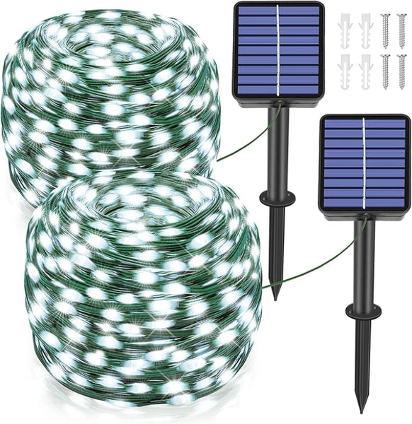 Ollny 200 LED 66ft Cool White Solar String Lights (2 Packs, Solar Power, 8 Modes, IP67 Waterproof)