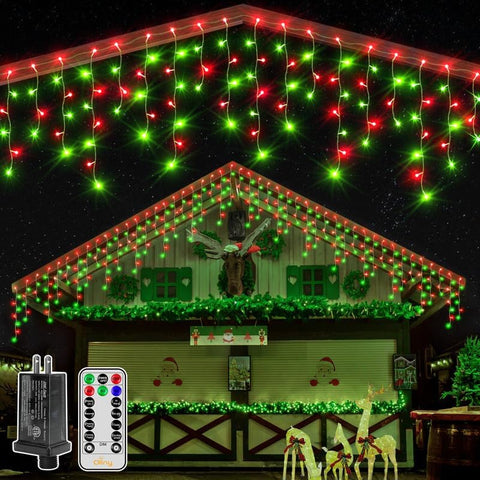 Ollny 396 LED 32ft Red And Green Icicle Lights (Clear Cable, Plug in, 8 Modes), Connectable up to 3 Sets