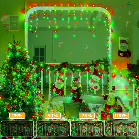 Ollny 396 LED 32ft Red And Green Icicle Lights (Clear Cable, Plug in, 8 Modes), Connectable up to 3 Sets