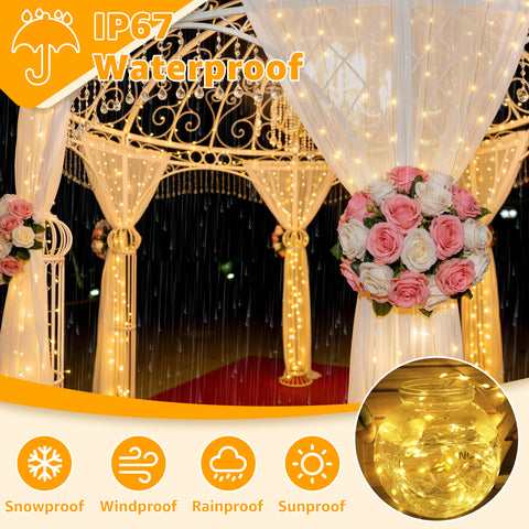 Ollny 300 LED Wedding Curtain Lights for Events, Proposals, Anniversaries (9.8ft*9.8ft, Warm White, Clear Cable, Connectable, IP67 Waterproof)